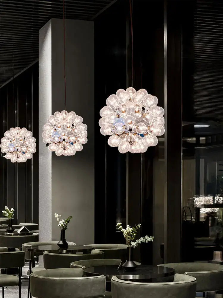 DecorBites LED glass bubble chandelier with modern spherical design in gold chrome and black for elegant lighting