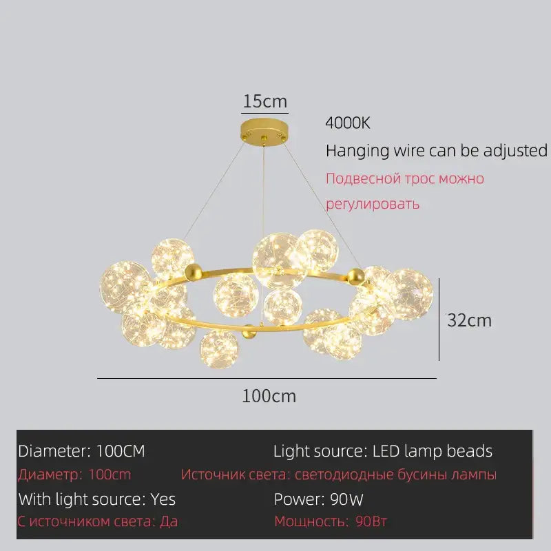 Gold-toned modern decorbites led glass pendant light with spherical led glass bulb lamp beads in circular pattern