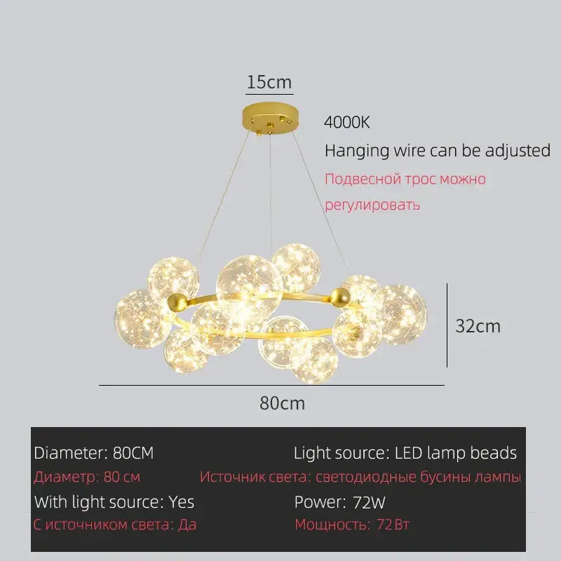 Gold-toned pendant light with spherical glass orbs and led lamp beads decorbites led glass bulb pendant light