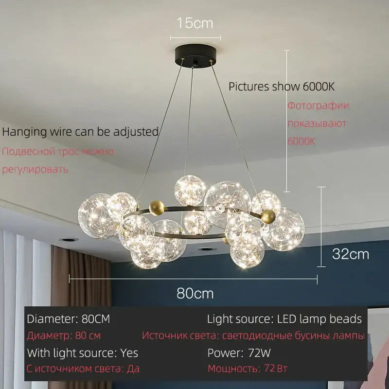 Modern round pendant light with gold black decorbites led glass bulb and clear glass spheres with 6000k led lamp beads