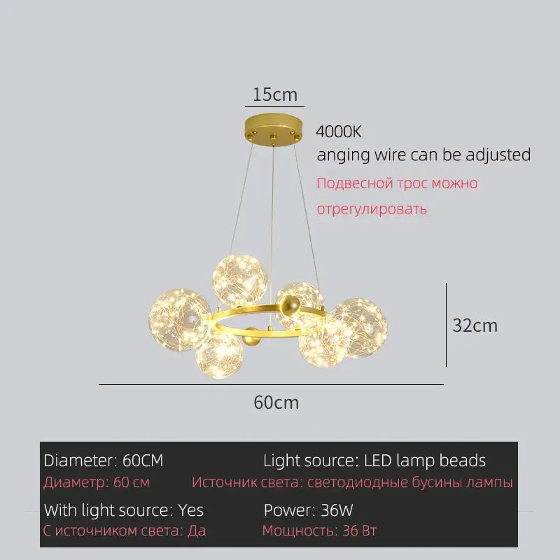 Gold-toned modern DecorBites LED glass pendant light with spherical LED glass bulb beads in a circular design