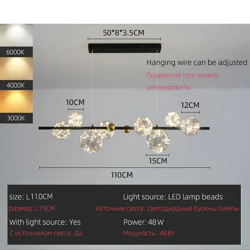 Modern black metal pendant light with spherical crystal beads and gold accents by DecorBites led glass bulb series
