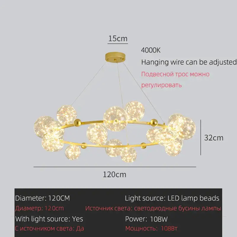 Gold-toned decorbites led glass pendant light with glowing translucent spherical led glass bulbs in modern round design