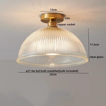 DecorBites led glass ceiling lamp with vintage brass iron base copper socket and clear ribbed glass shade for interior decor