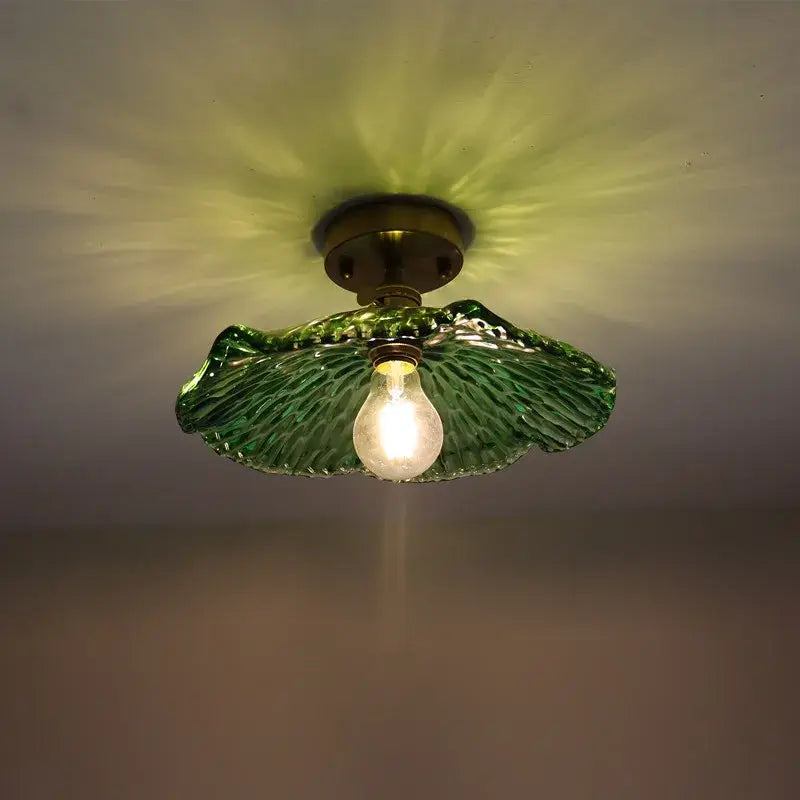 Decorbites™ modern indoor ceiling lamp featuring a green glass leaf-shaped glass ceiling fixture with brass hardware