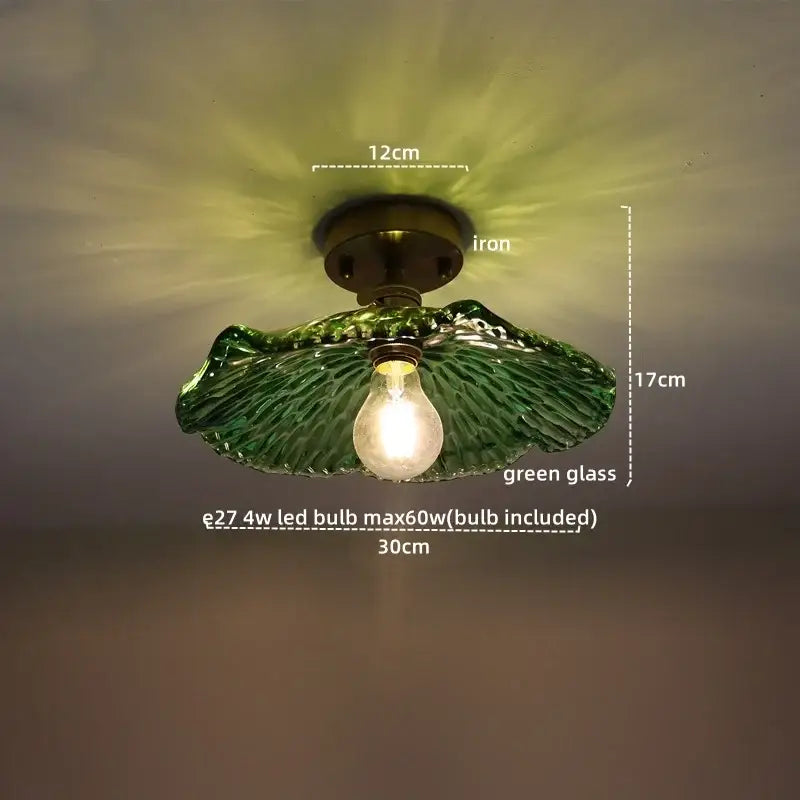 DecorBites™ green glass ceiling lamp with brass iron base and integrated led bulb for modern indoor lighting