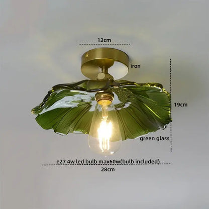 DecorBites™ LED glass ceiling lamp with a brass iron base and green leaf-shaped glass shade for modern indoor lighting