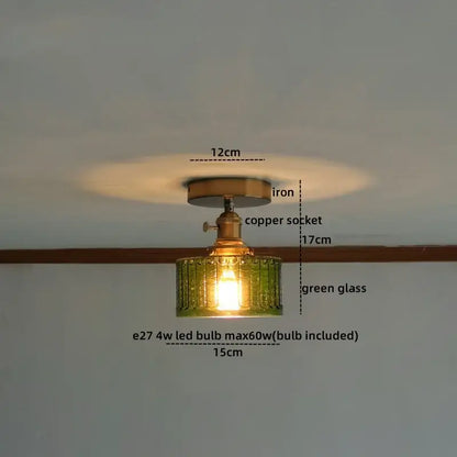 DecorBites™ modern indoor glass ceiling lamp with green textured glass shade, brass copper socket, and iron base