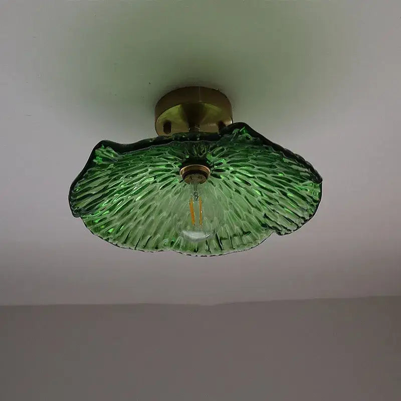 DecorBites™ green leaf-shaped glass ceiling lamp with brass fixture and exposed filament bulb for modern indoor lighting