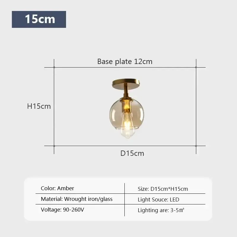 Amber-colored DecorBites LED glass ceiling light with spherical globe and wrought iron fixture for modern spaces