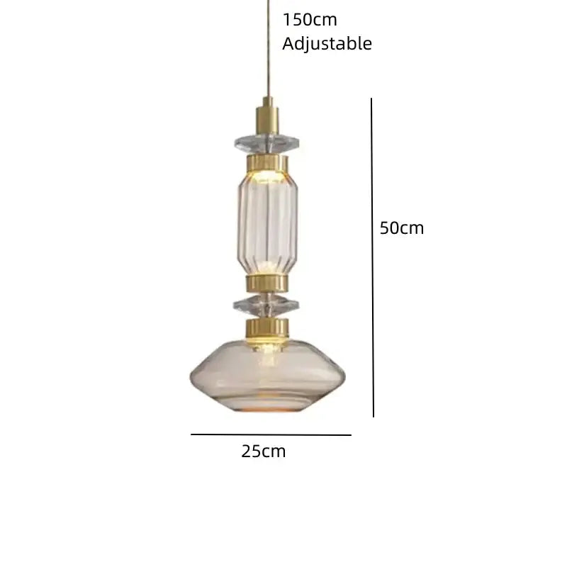 A modern decorbites led glass chandelier with clear amber glass and gold-toned metal frame featuring crystal accents