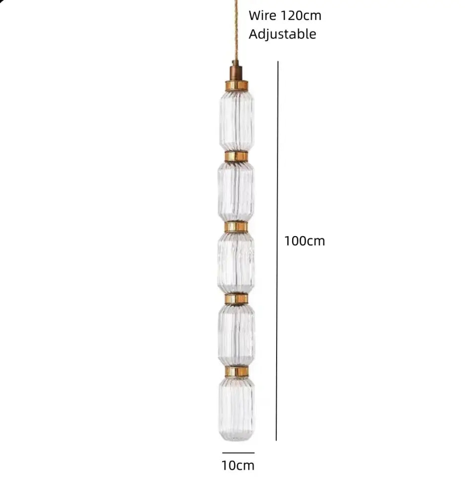 Decorbites led glass chandelier with five clear amber glass cylinders and gold-toned rings on adjustable wire
