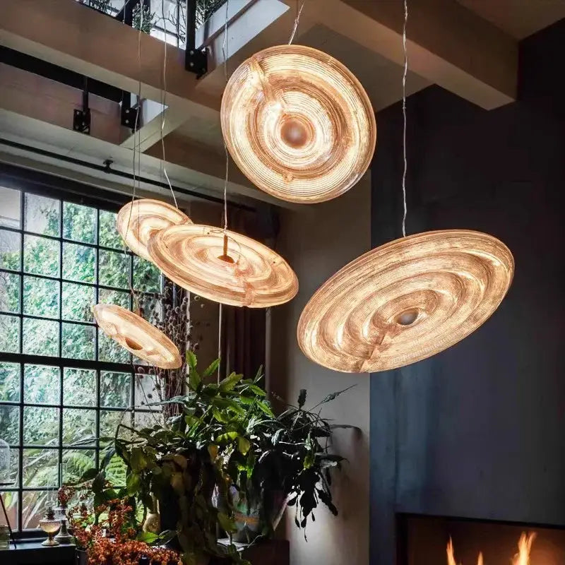 Warm-toned circular wooden decorbites led glass chandelier with concentric rings for dining room ceiling suspension light