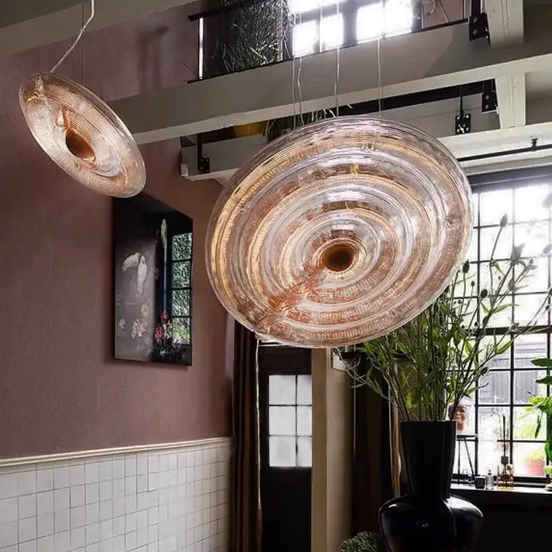 DecorBites led glass chandelier with amber translucent pendant and concentric ridges for dining room lighting