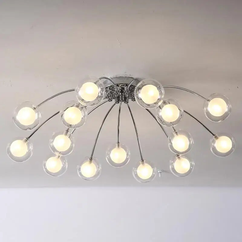 Modern chrome-finished decorbites led glass chandelier with clear glass globe bulbs in a radial pattern for home decor