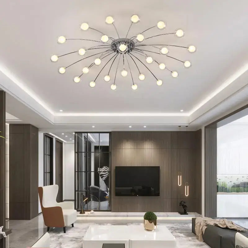 Modern chrome-finished decorbites led glass chandelier with multiple spherical bulbs in a starburst pattern for home decor