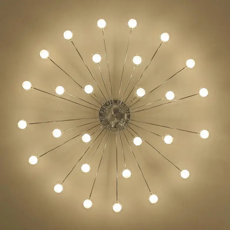 Modern chrome-finished decorbites led glass chandelier with multiple spherical bulbs in a starburst pattern for home decor