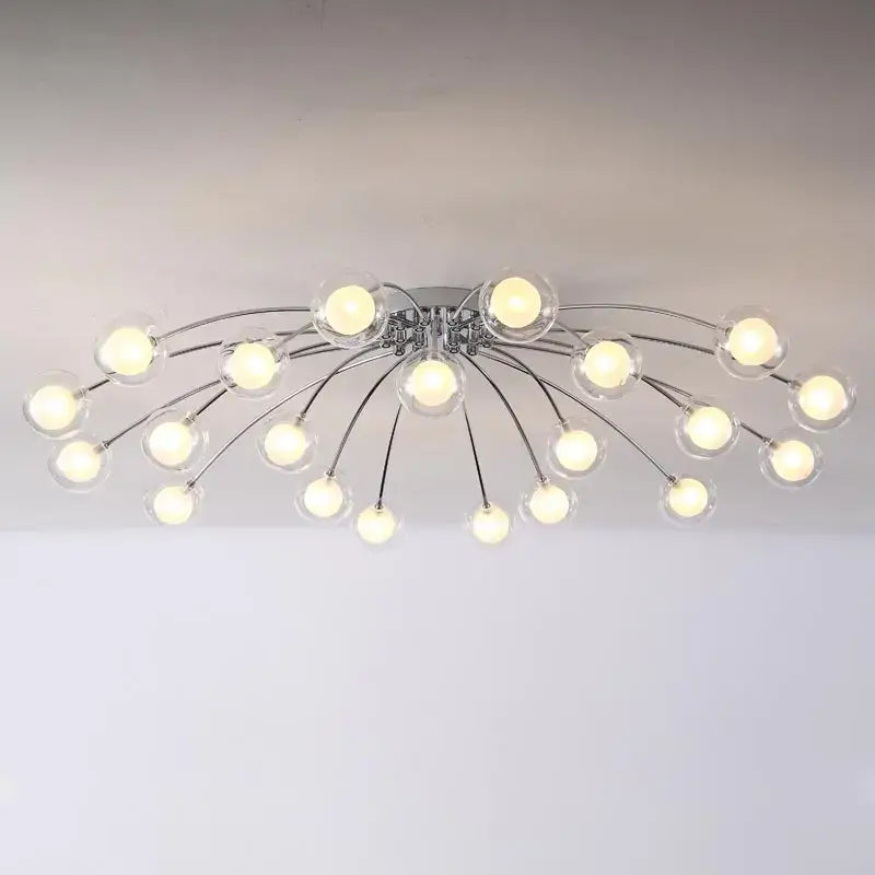Modern chrome decorbites led glass chandelier with multiple clear globe bulbs in radial pattern for home decor