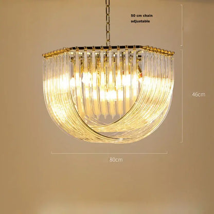 DecorBites LED glass chandelier with clear prisms and gold metal frame for modern foyer lighting design