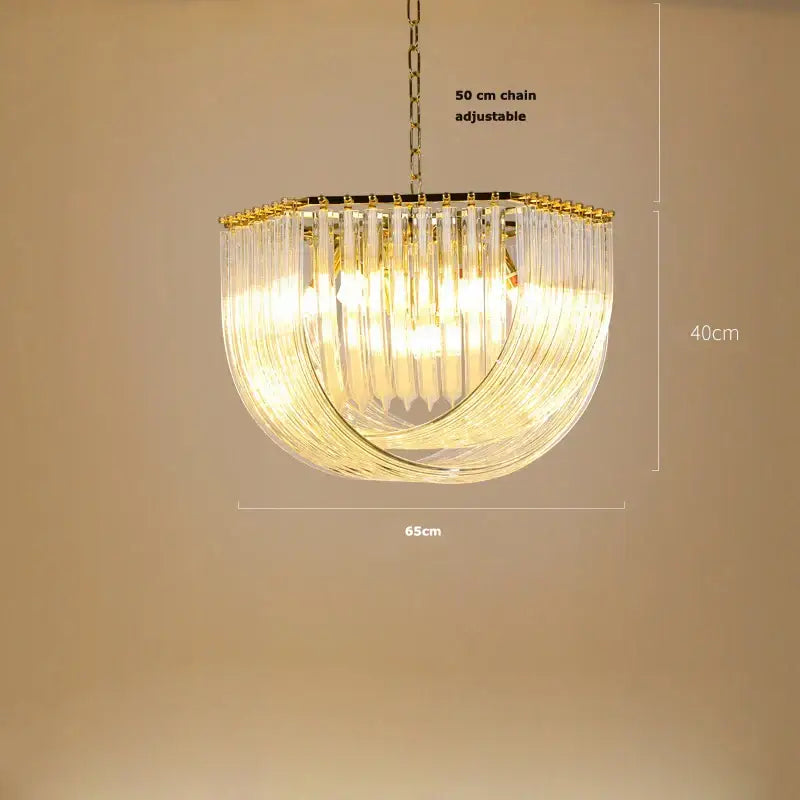 DecorBites LED glass chandelier with golden frame and cascading clear glass rods for modern foyer lighting