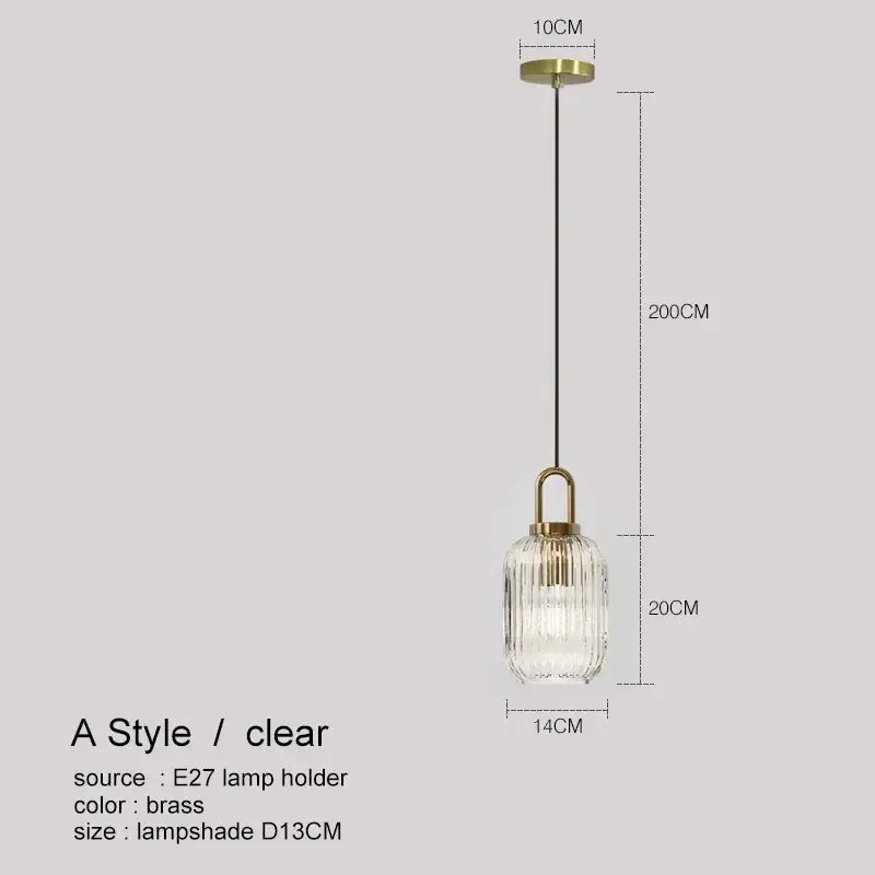 Decorbites led glass chandelier with clear ribbed glass shade brass metal frame and hanging chain for dining room lighting