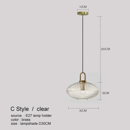 Decorbites led glass chandelier with clear ribbed glass lampshade and brass-finished metal frame hanging chain