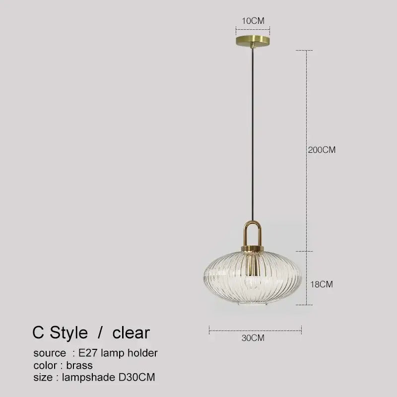 Decorbites led glass chandelier with clear ribbed glass lampshade and brass-finished metal frame hanging chain