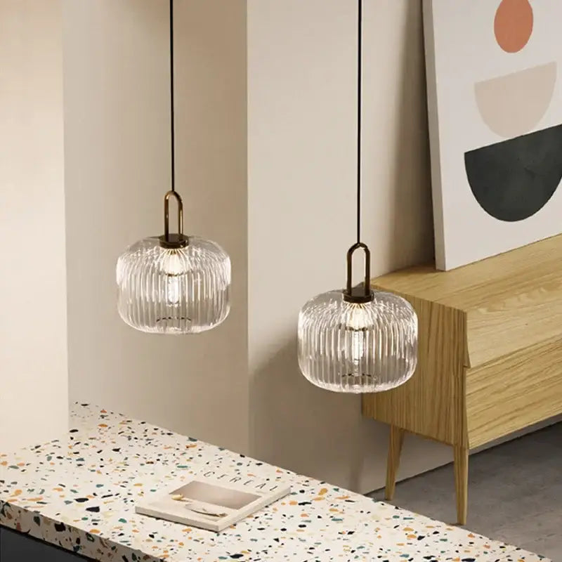 Clear ribbed glass pendant lights with brass fixtures and black cords in decorbites led glass chandelier for dining room
