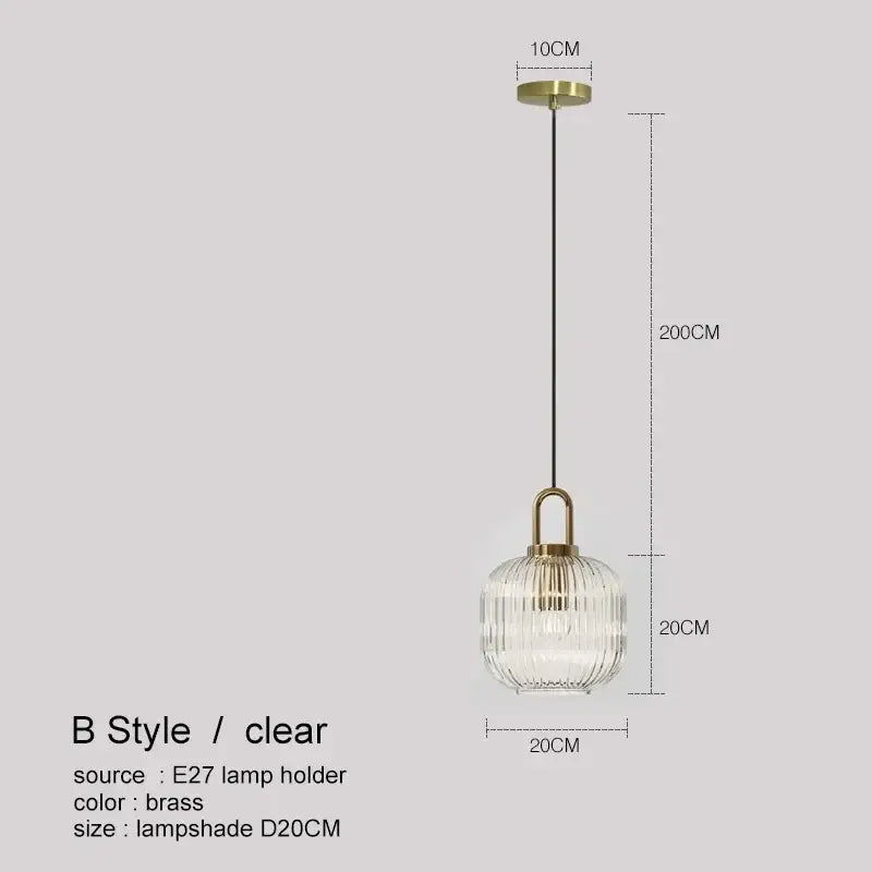 Clear ribbed glass led glass chandelier with brass metal frame and hanging chain by decorbites led for dining room