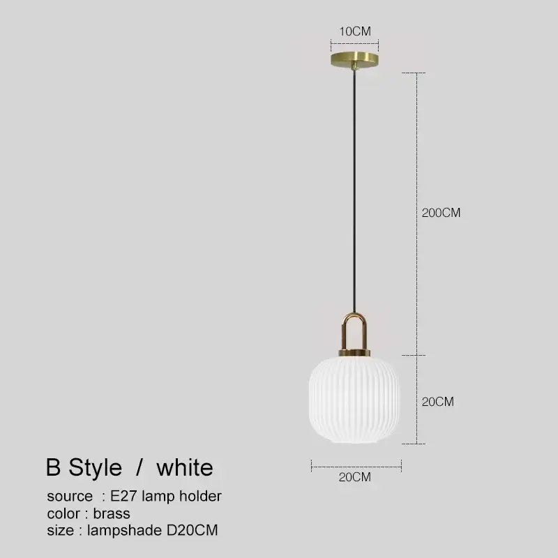 White ribbed glass lampshade with brass hardware and black cord in decorbites led glass chandelier pendant light