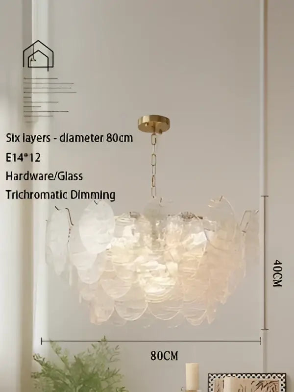 DecorBites™ led glass chandelier with six translucent glass petals and a brass fixture in a modern minimalist design