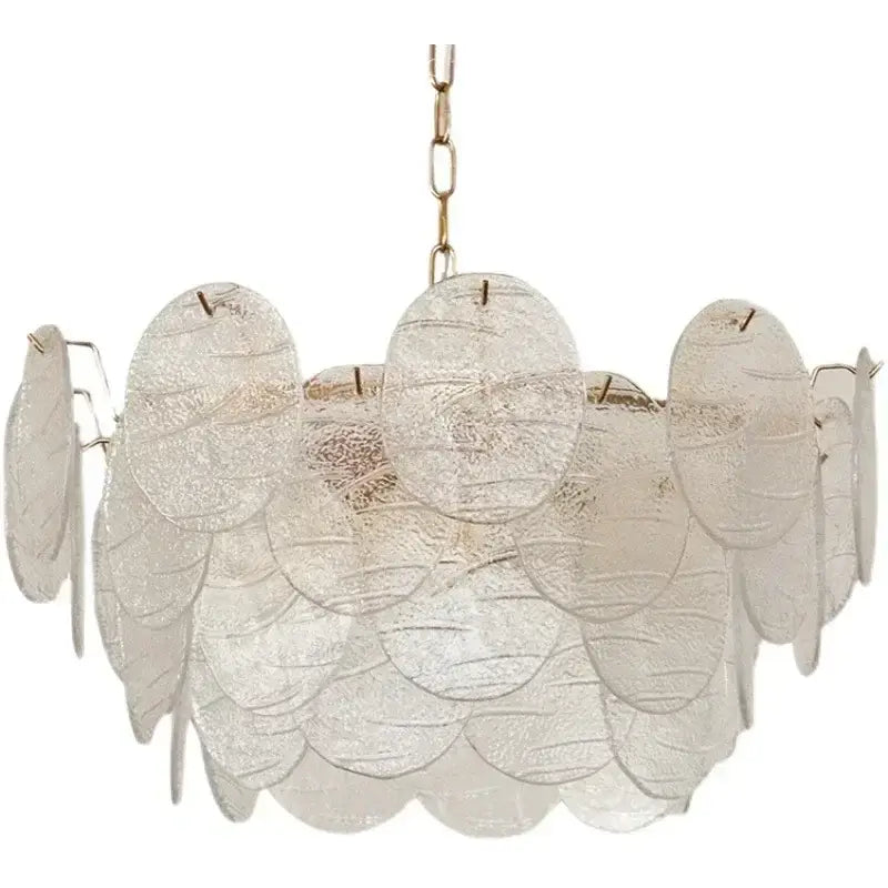 DecorBites led glass chandelier with translucent frosted scalloped leaf design and gold-toned metal chain suspension