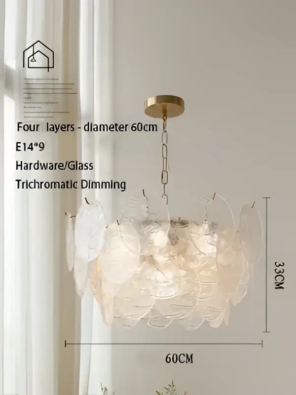 DecorBites led glass chandelier with four layers of translucent white glass petals and gold-toned hardware