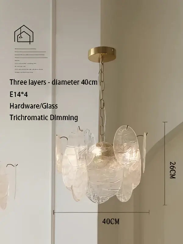 DecorBites led glass chandelier with three-layered translucent glass petals in warm gold finish modern minimalist design