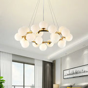 Gold-toned DecorBites LED glass chandelier pendant lamp with frosted globe bulbs for living room and dining lighting