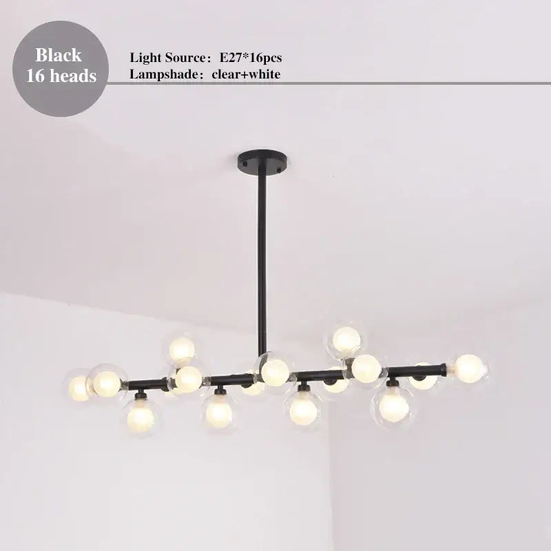 Black modern DecorBites LED glass chandelier pendant lamp with 16 clear and white lampshades for living room lighting