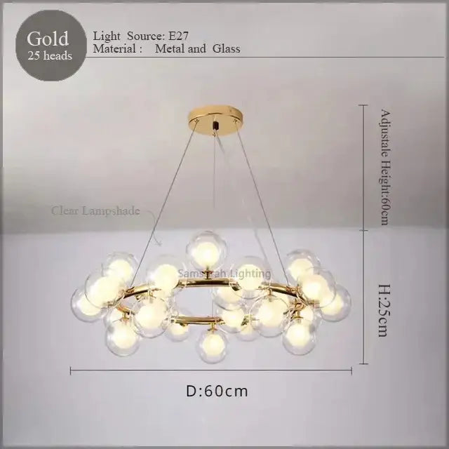 Gold-colored decorbites led glass pendant lamp with 25 clear globe bulbs metal frame for living room lighting