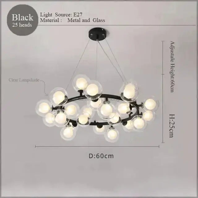 Black metal and glass DecorBites LED glass chandelier pendant lamp with 25 clear lampshades for living room lighting