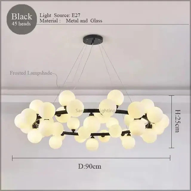 Black metal and glass DecorBites LED glass chandelier pendant lamp with 45 frosted globe lampshades for living room lighting