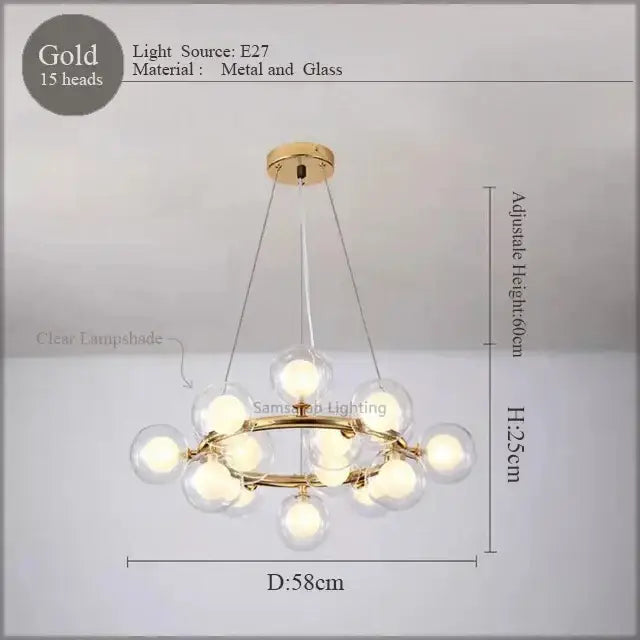 Gold-toned DecorBites LED glass chandelier pendant lamp with 15 clear glass globes for living room lighting