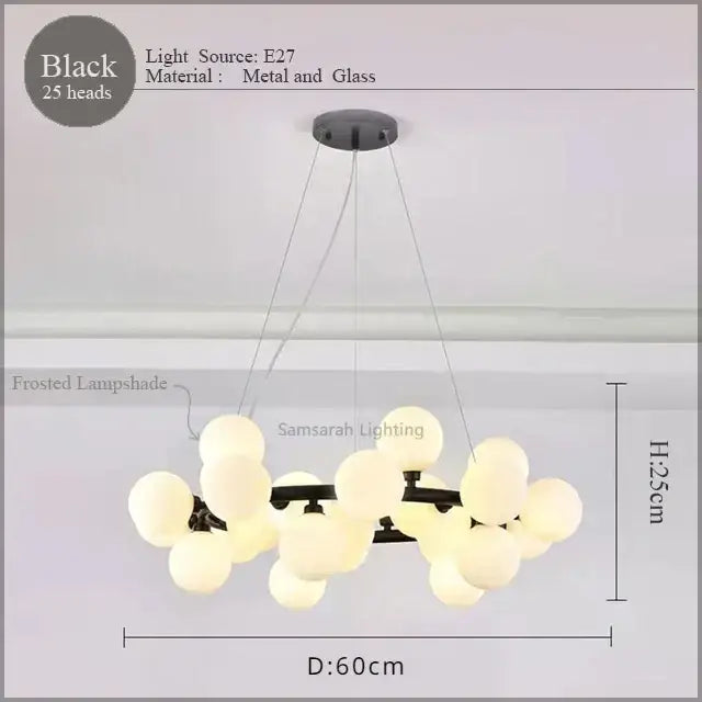 Black metal and glass decorbites led glass chandelier pendant lamp with 25 frosted lampshades for living room lighting