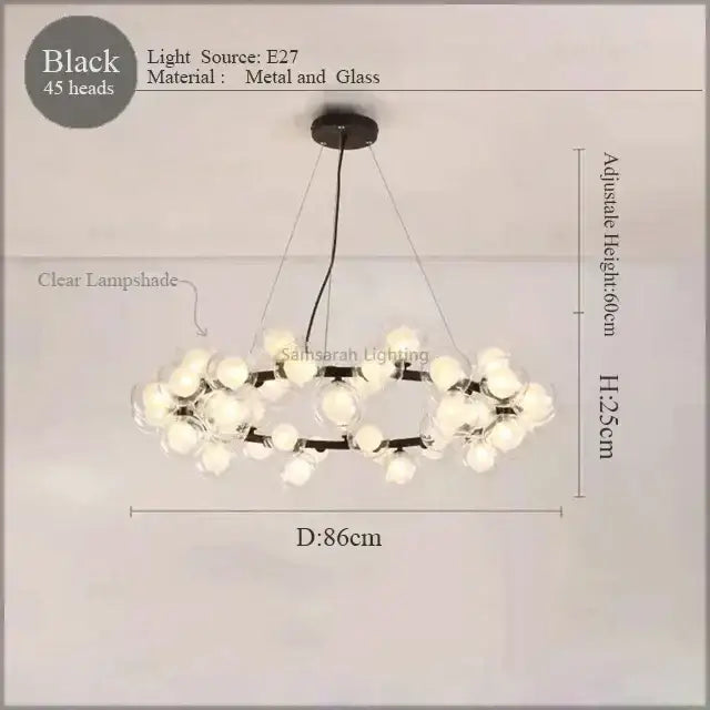 Black metal and glass DecorBites LED glass chandelier pendant lamp with 45 clear lampshades for living room lighting