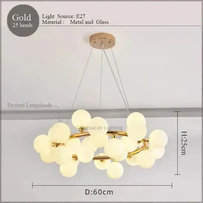 Gold-colored decorbites led glass chandelier pendant lamp with 25 frosted glass shades for living room lighting