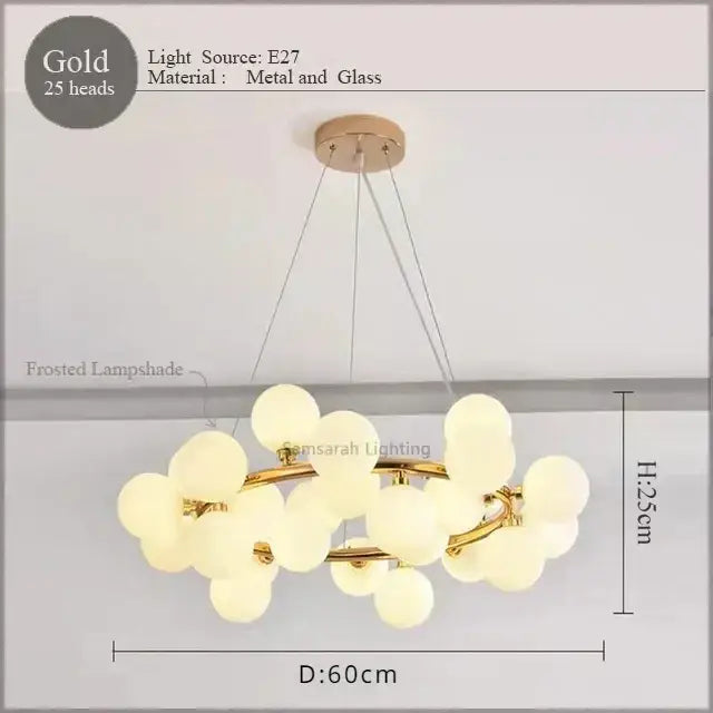 Gold-colored decorbites led glass chandelier pendant lamp with 25 frosted glass shades for living room lighting