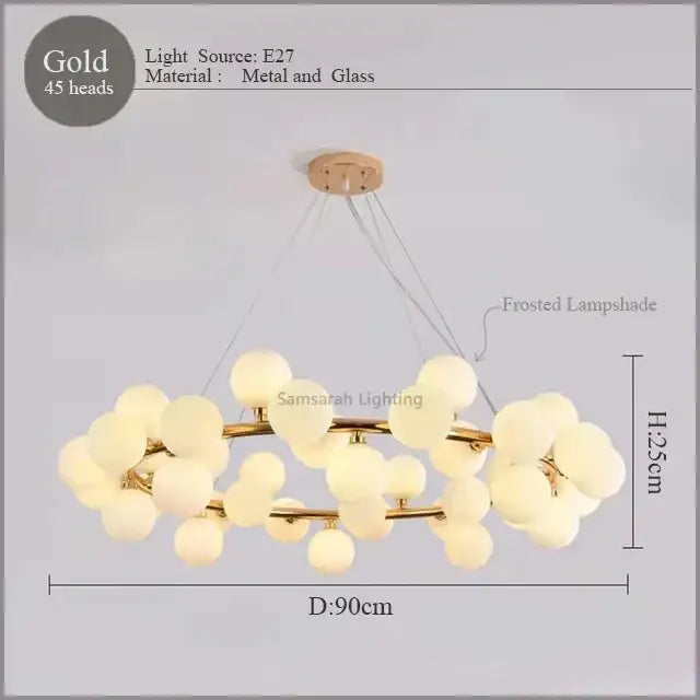 Gold DecorBites LED glass chandelier pendant lamp with 45 frosted glass lampshades in a modern spherical design