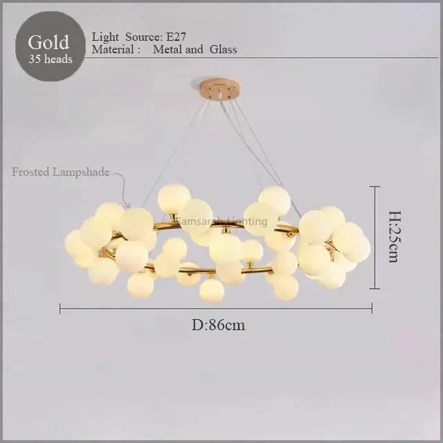 Gold-toned decorbites led glass chandelier pendant lamp with 35 frosted glass globes on wooden ceiling mount