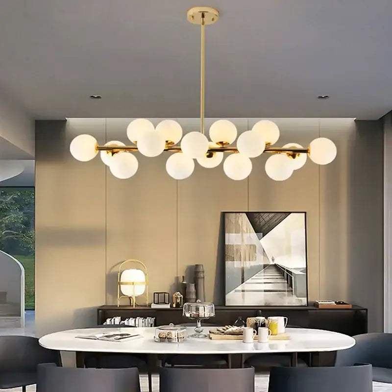 Gold-toned decorbites led glass chandelier pendant lamp with frosted globe lights for living and dining room lighting