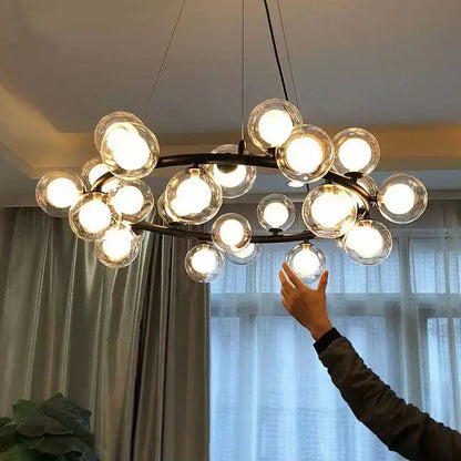 Modern chandelier pendant lamp by DecorBites led glass with dark metal frame and clear glass globe bulbs for living room lighting