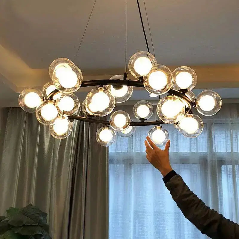Modern chandelier pendant lamp by DecorBites led glass with dark metal frame and clear glass globe bulbs for living room lighting