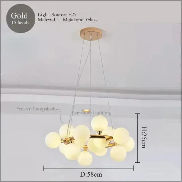 DecorBites LED glass chandelier pendant lamp with 15 frosted glass globes in gold tone for living room lighting